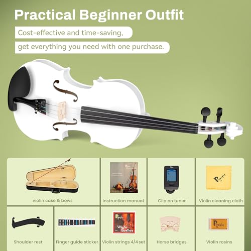 Image of Poseidon Violin for Beginner, Glossy White Violin Set with Acoustic Violin Fiddle for Students Violin Starter Kit /Hard Case, Bow, Rosin, Horse Bridge, Extra Strings, Shoulder Rest, Tuner, Manual
