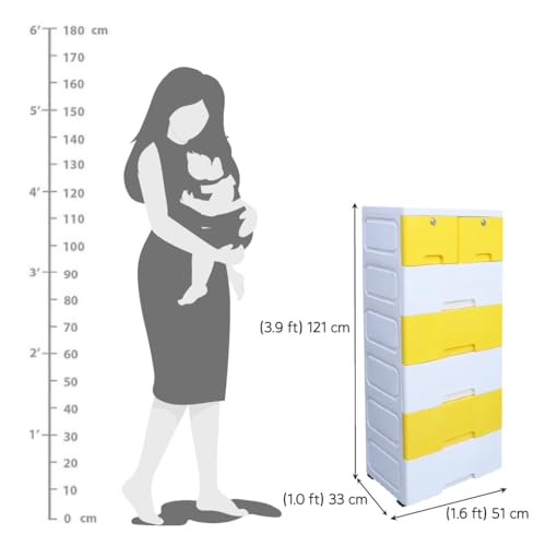 Image of The Tickle Toe 7-Drawer Plastic Kids Cabinet | Lockable Storage Organizer with 5 Big & 2 Small Drawers | Portable & Child Safe | 51L x 33W x 121H cm | Yellow & White