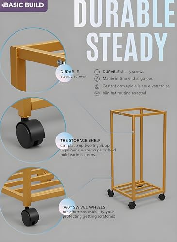 Image of 2-Tier Metal Water Dispenser Stand with Lockable Wheels ? Heavy-Duty Frame Cart for 20?25L Bottles, Cans & Jars | Multifunctional Kitchen & Home Storage and Mobility Solution (Golden)