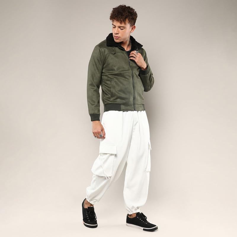 Image of CAHOOT Men's Army Green Fur-Lined Suede Bomber Jacket For Casual Wear | High Neck | Long Sleeve | Zipper Closure | Jacket Crafted With Comfort Wear For Everyday Wear
