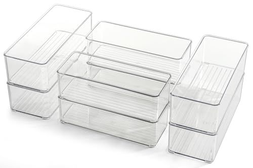 Image of Hudgan 8 Pack Clear Plastic Drawer Organizers Set, Stackable Deep Drawer Organizer for Makeup Vanity and Desk, 2 Sizes Tall Bathroom Drawer Organizer