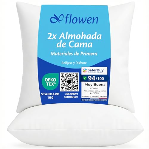 Flowen Cojines Sofa 30x30 Almohadones 2 Unidades Decorativos Relleno Cojin Hipoalergénico Antiácaros y Suave Cuadrado con Funda Exterior Almohada Respirable en Poliéster Blanco