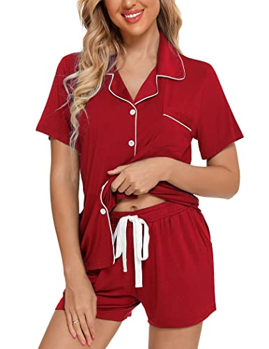 Image of Pjmlifecoco Women's Modal Pajama Set Short Sleeve Button Down Two Piece Soft Sleepwear with Shorts Loungewear S-XXL