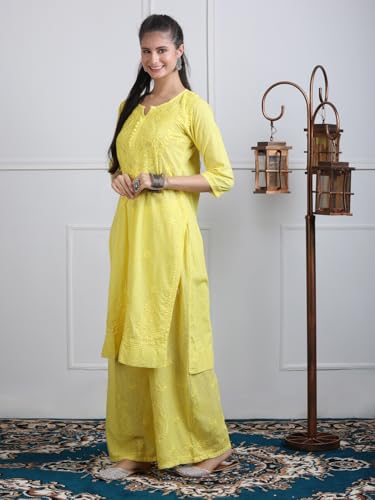 Image of Women's Lucknowi Chikankari Handwork Cotton Kurti, Palazzo and Dupatta Set