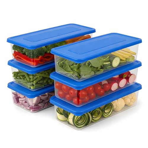 Image of Fridge Storage Containers Set of 6 (1500 ML Each), Stackable Fridge Organizer Boxes with Blue Lids, Food Storage for Fruits, Vegetables, Kitchen & Refrigerator Use
