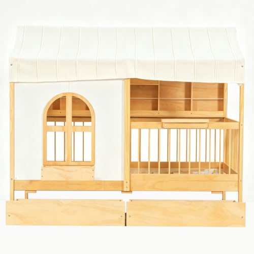 Image of House Bed with Tent and Bookshelf, 2 Drawers,USB Charging