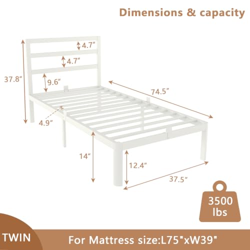 Image of 14 Inch Twin Bed Frames, Metal Bed Frame with Head Board, No Box Spring Needed, Heavy Duty Steel, Anti-Slip Mattress Stoppers, Noise Free, Round Corner Legs, Easy Assembly, White