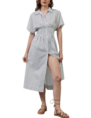 Image of MISSACTIVER Button Front Pleated Shirt Dress for Women Summer Striped Short Sleeve Lapel V Neck Corset Maxi Dress