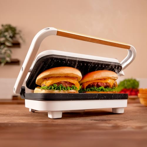 Cecotec Parrilla Eléctrica Rock'Ngrill 1300 Wood W. Potencia de 1300W, Diseño Blanco, Revestimiento Rockstone, Base Antideslizante, Placa Flotante, Indicador Luminoso, Asa de Madera, Versatilidad - imagen 6