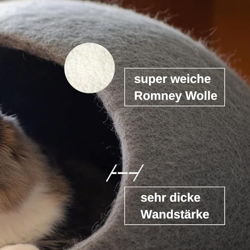 XL Katzenhöhle Katzenbett Katzenhaus – feinste Romney Wolle – kräftig gefilzt – außen robust & innen kuschelig weich – 3 Farben – Hellgrau