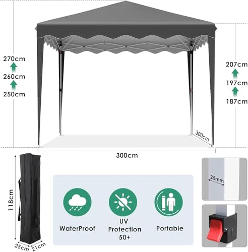Gazebo 3x3, Cenador Carpa Jardin, Oxford 420D, Gazebo Jardín Plegable, Altura Ajustable, Impermeable, Protección UV 50+, para Camping, Gris Oscuro - imagen 2