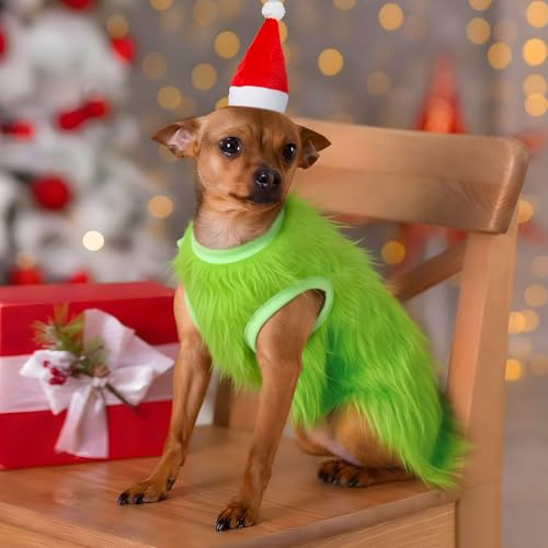 Disfraz navideño verde para perros pequeños con gorro rojo miniatura 6