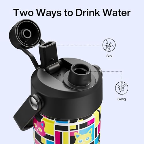 Image of ENCOOL Insulated Water Bottle with Straw Stainless Steel Water Bottle, Leak-Proof, BPA-Free, Double Wall Vacuum Keeps Cold for 24 Hours for Sports, Travel, School (26 oz, Mosaic Cats)