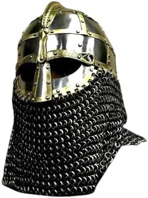 Generic 14GA SCA Vendel Medieval Viking Helmet with Chainmail – Authentic Brass Knight Armor Replica, Large, Silver & Gold