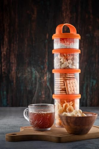 Image of GROB StackIt 4-Layer Stackable Snack Container with Handle | Airtight Food Storage Jar | Multipurpose Dry Fruit, Biscuit & Namkeen Box | BPA Free Plastic | Travel & Kitchen Storage (Pack 3)