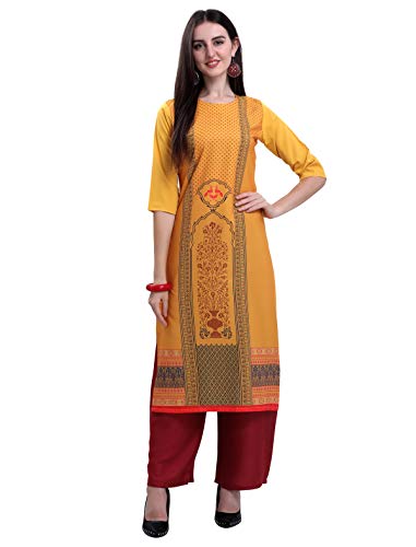 Image of 1 Stop Fashion Women's Yellow Coloured Digital Print Crepe Knee Long W Style Kurtas /Kurti