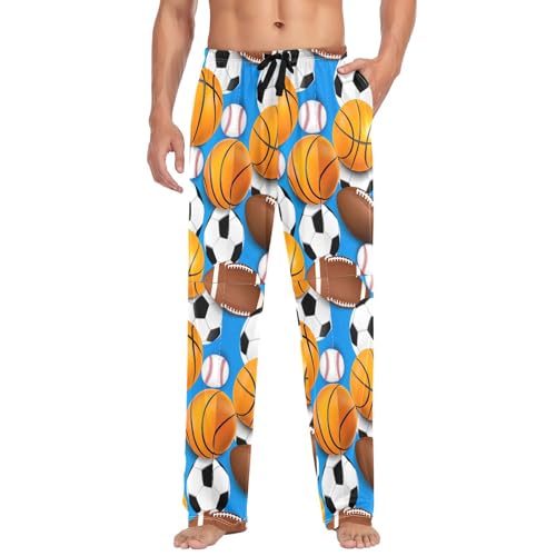 Custom Sports Balls Footballs Blue Cartoon Men's Pajama Pants 100% Cotton Men's Sleep Bottoms Drawstring S