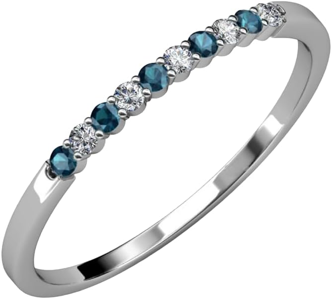Round Cut London Blue Topaz Half Eternity Wedding Band, Sterling Silver, 14k White Gold Plated,