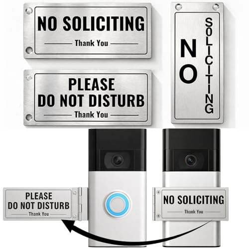 Metal Doorbell Cover No Soliciting Sign for HouseUniversal Fitting Doorbell Cover That Rotates From NO SOLICITING to DO NOT DISTURB Flipable No Solicitors Sign for Ring Doorbell Horizontal & Vertical Mode Easy InstallationThe Gift for Home Offices and Moms with Sleeping Baby.