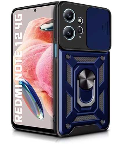 Image of WOW IMAGINE Tough Armor Bumper Mobile Back Case for Redmi Note 12 4G | Sliding Camera Shield Cover | Shock Proof 360 Protection | Hybrid PC + TPU | Ring Holder with Kickstand - Blue