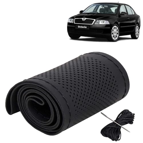 Image of KINGSWAY PU Leatherite Car Steering Cover Sewable Compatible with Skoda Octavia (Year 2004-2013), Black Color with Black Thread, Pack of 1 with Sewing Needle and Thread