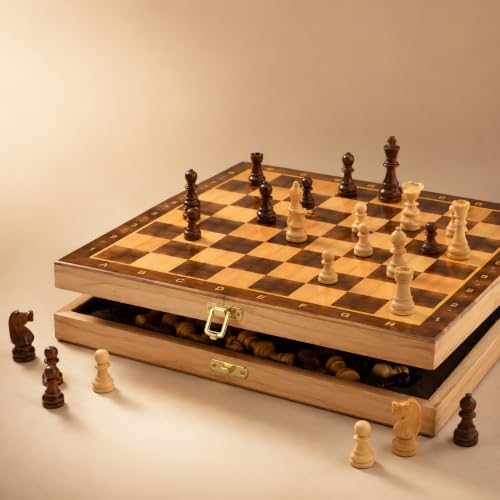 Image of Pandaworld 12 Inch Foldable Wooden Handcraft Chessboard Set Toy - Tournament-Style Premium-Build Chess Set with Wooden Chessmen Pieces - Ideal for Family Games