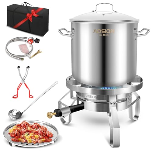 AOSION 20QT Stainless Steel Steamer Pot With 200,000/BTU Heavy Duty Propane Burner For Outdoor Cooking Fryer, Seafood Crab-Vegetable-Tamale Steamer Pot, Steamer Rack, Canning Jar Lifter,Soup Ladle