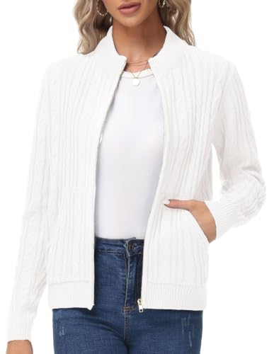 Women's Zip Up Sweaters Jackets, Chunky Fall Cardigan with Pockets White XL
