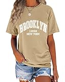 TAKEYAL Brooklyn Shirts for Women Graphic T Shirts New York Letter Print Short Sleeve Loose Casual Tee Tops Cute Teen Girls Clothes (Apricot, M)