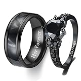 BomdoG Custom Engraved Couple Rings Set Promise Rings for Him and Her Purple Matching Wedding Rings for Couples Black and Blue Titanium Rings for Men Wedding Band CZ Engagement Ring for Women (Black)