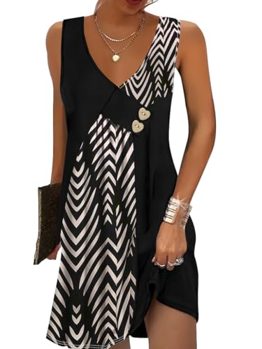 SAUKOLE Womens Summer Dresses Fashion V Neck Sleeveless Mini Dress with Buttons Decor 2026 Vacation Clothes