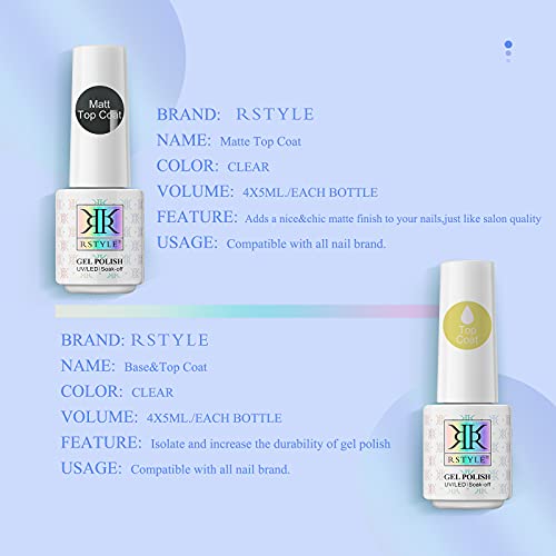RSTYLE Top Coat Gel UV Base Matt Coat, 4pcs Gel Nagellack UV Set Shellac Base und No Wipe Top Coat Set Überlack Gel Nail… – Bild 6