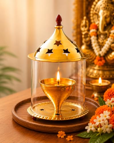 VEROFIVE Akhand Jyot Brass Diya – Traditional Akhanda Deepam with Oil Chamber & Protective Glass Cover – Long-Lasting Brass Diya for Puja & Festival Décor (Large)