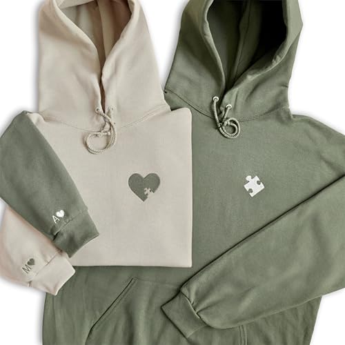 WEAR PHYSIQUE Matching Puzzle Piece Couple Sweatshirt, Custom Embroidered Heart Pullover with Initials, Long Distance Gift, His & Hers Anniversary Hoodie Sand