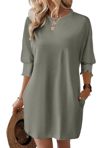 Image of Dokotoo Womens Dresses 2025 Spring 3 /4 Sleeve Fashion Dresses Crewneck Casual Mini Dress with Pockets S-XL