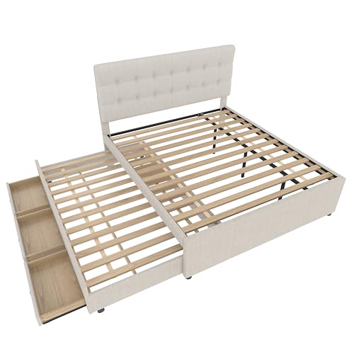 Cama Tapizada Doble 140 x 200 cm Con Extraíble y 3 Cajones - Lino, Altura Regulable, Cabecero Nido, Familiar (Beige)