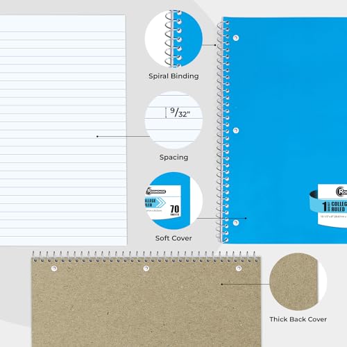 Rosmonde Spiral Notebook, 12 Pack, 1 Subject, College Ruled, 70 Sheets, 8 x 10-1/2", 3 Hole Punched, Bulk College Ruled Spiral Notebook for School, Single Subject Spiral Notebook Bulk, Assorted Colors - Image 6