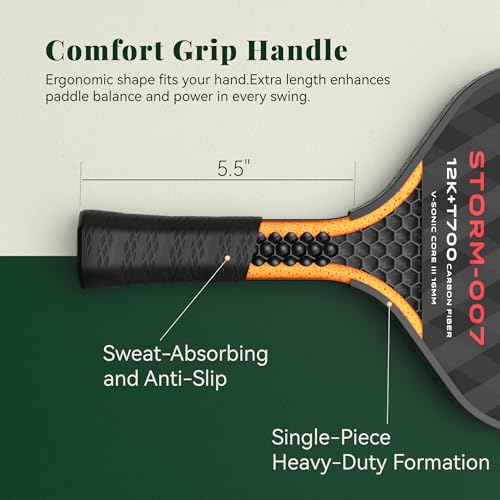 Image of USAPA Approved 6-Layer Construction T700 Carbon Fiber Pickleball Paddle, 16mm Thermoformed Pickleball Racket with High Spin & Extended Grip, Professional Pickleball Paddle for Control and Power