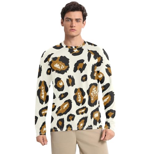 UPF 50+ Men Rash Guard Long Sleeve Quick Dry Fishing Hiking T-Shirts Sun Protection Sun Shirts, Black Brown Leopard Print, XX-Large