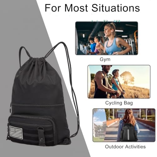 Image of seyfocnia Drawstring Backpack Tactical String Bag with Zipper Pockets Waterproof Cinch Bag Sport Gym Sackpack - Black