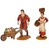 AC - Set de 2 Figuras para belén: Carretillero y Mujer con Cesta - Fabricado en Marmolina - Adorno Decorativo para nacimientos - Altura Aprox.: 10 cm