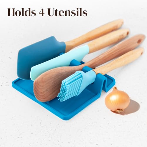 Image of Cooler Kitchen Light Blue Silicone Spoon Rest for Stove Top with Drip Pad (Two Pack) - Heat Resistant BPA Free Utensil Rest & Spoon Holder for Kitchen Counter - Grill Utensil Holder - Spatula Holder