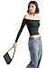SUUKSESS Women Off The Shoulder Double Lined Long Sleeve Shirts Fitted Y2k Basic Going Out Tops (Jet Black, M)