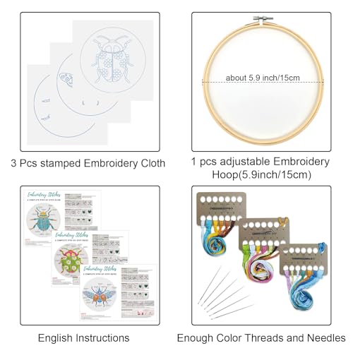 Image of Louise Maelys 3 Sets Beetle Embroidery Kits for Beginners,Cross Stitch Kit for Adults,DIY Needlepoint for Starters Including Flowers Pattern, Hoop,Instruction and Threads