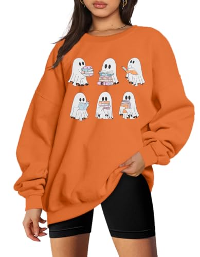 UNIQUEONE Halloween Sweatshirts for Women Ghost Reading Books Sweater Cute Spooky Bookish Shirt Fall Pullover Long Sleeve Tops Orange
