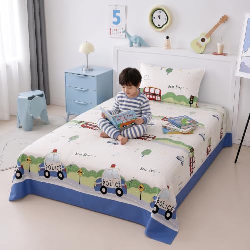 Image of Filymore Kids Single Bedsheet with 1 Pillow Cover | Police Car Printed Bed Sheet for Single Bed | 240 TC Soft Microfiber Bedding Set | 90 x 60 Inch Bedspread | Blue & Red