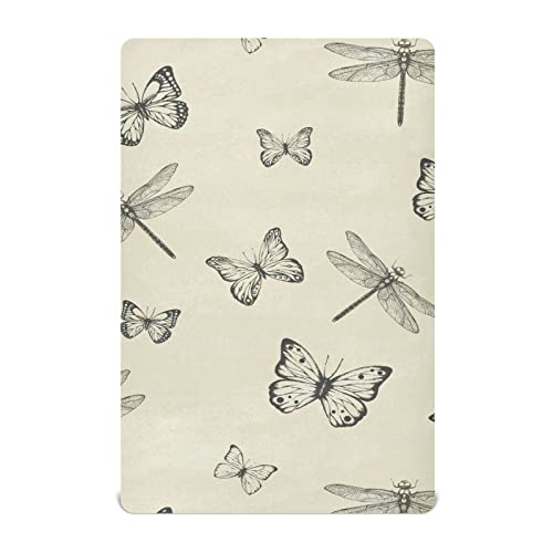 Image of Fitted Crib Sheet for Boys & Girls Vintage Butterfly Dragonfly Soft Breathable Unisex Baby Sheets for Standard Crib and Toddler Mattresses 28 x 52 in
