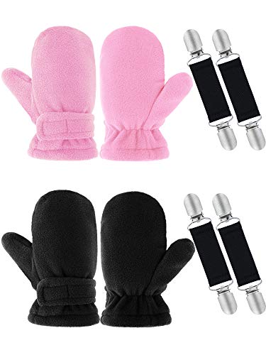 2 Pairs Toddler Baby Winter Mittens Thick Fleece Lined Gloves Warm Easy-on Mittens with 4 Pieces Adjustable Glov (Black, Pink, Aged 6-18 Months)
