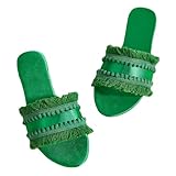 FRZTOUR Women's Dressy Sandals Satin Fringe Trim Flats Comfortable Casual Summer Trendy Open Toe Slip on Slides (7,Green)