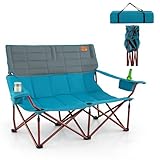 Goplus Double Camping Chair for Adults, Low Outdoor Folding Loveseat Couch Chair w/Cup Holders Thick Padding, Heavy-Duty 2 Person Lawn Chair for Beach Picnic Travel Supports 660 LBS(2-Person Seat)